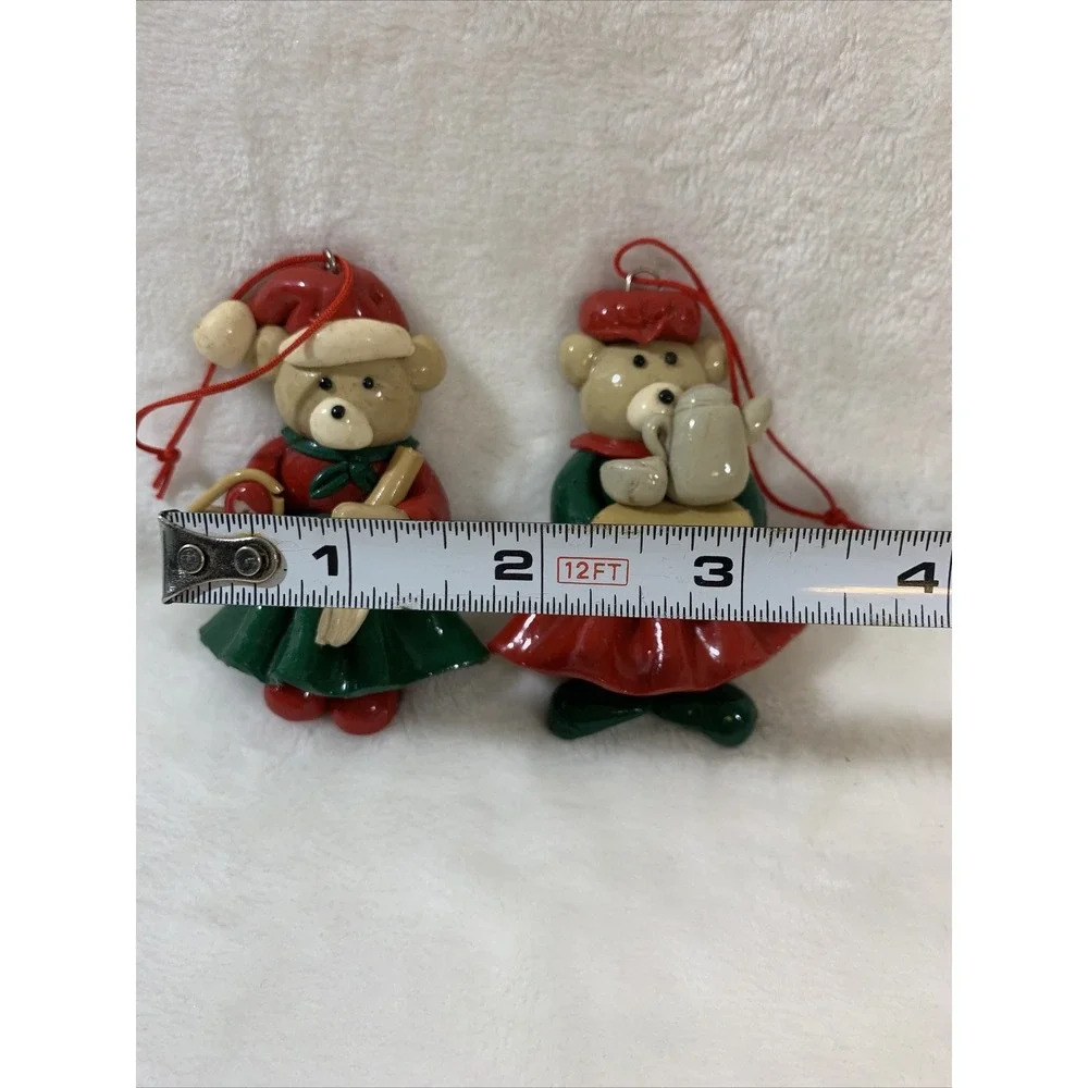 Lot Of 2 Vintage Glazed Salt Dough Type Christmas Bear Festive Holiday Ornaments